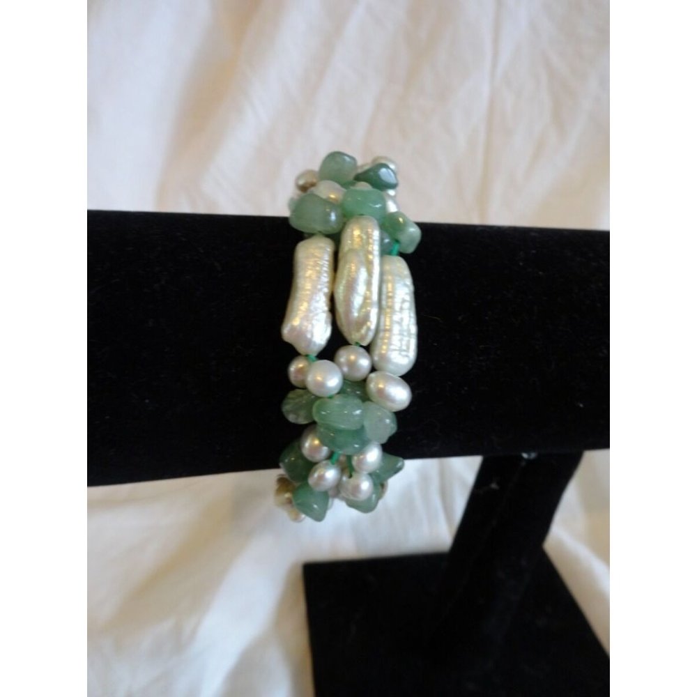 ELONGATED Freshwater‎ PEARL & JADEITE Stretch BRACELET Chunky 3 Strand GUC